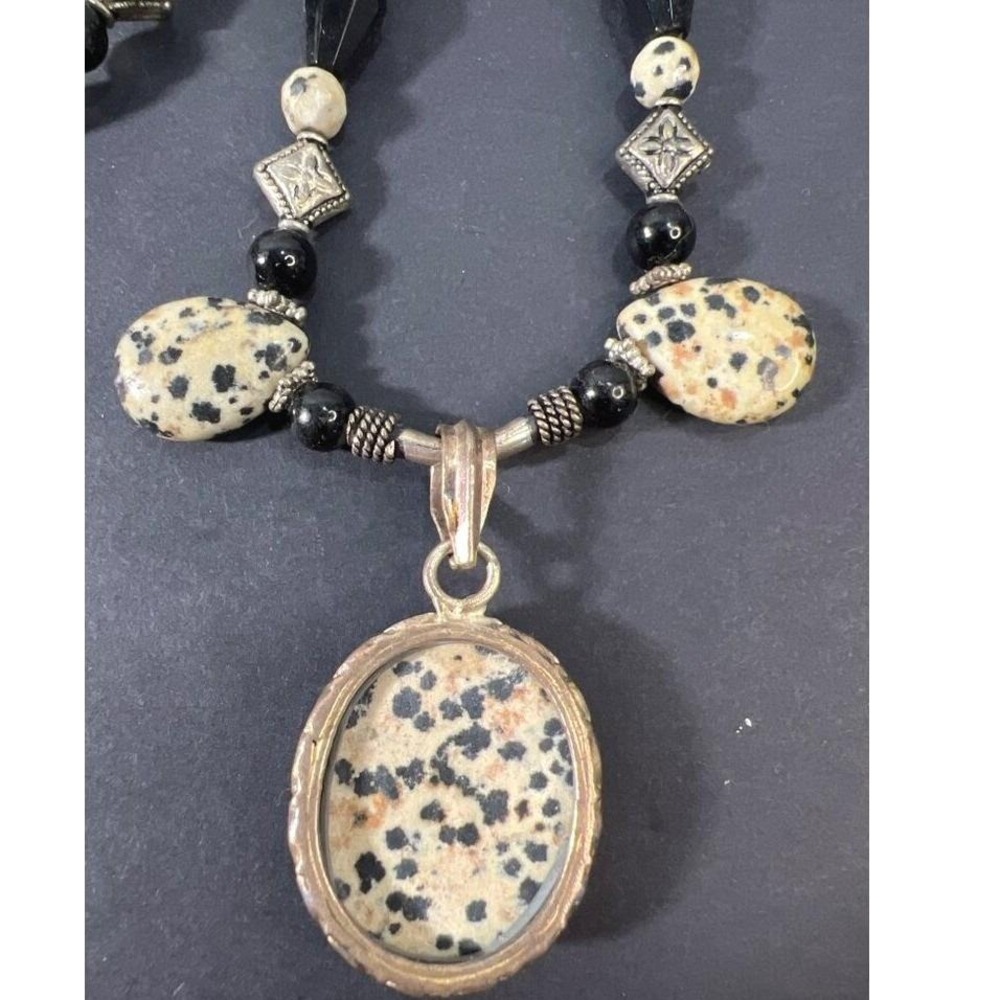 Artisan Gemstone Bead Necklace‎ Dalmatian Jasper Faceted Black Onyx Silver Tone